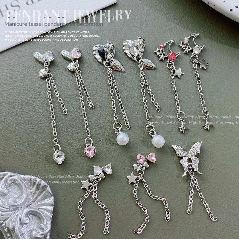 

3pcsLuxury Bow Flower Love Moon Chain Zircon Crystals Rhinestones Silver Nail Art Jewelry Decorations Nails Accessories