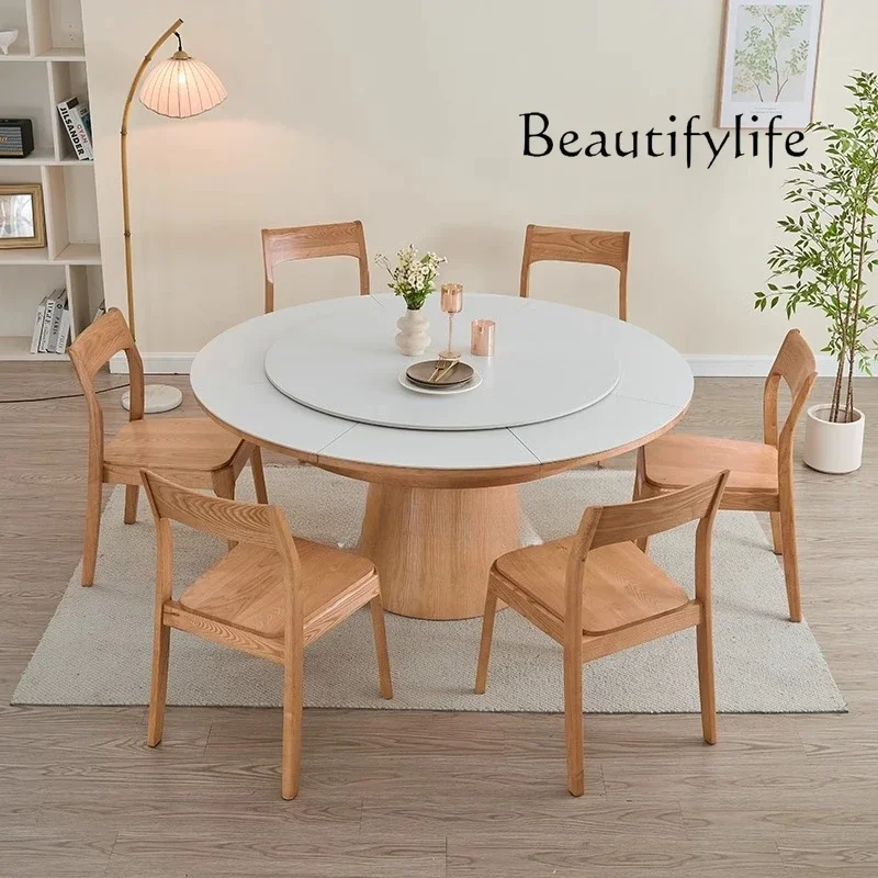 

Rock slab rotating telescopic round dining table with turntable variable diameter ash wood dining table and chairs