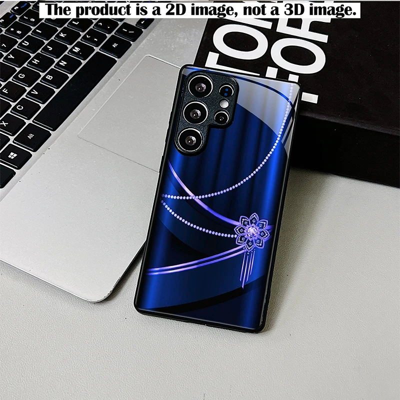 Shockproof Black Glass Phone Case 2D Print Blue Bead Chain Purple Flower Tassel Pattern Full Protection For Samsung S26 S25 S24