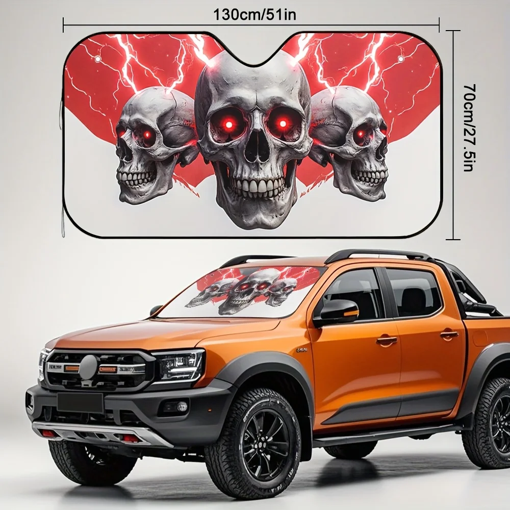 1pc Black Skull And Red Lightning Car Sun Visor Next Gen UV Barrier For Urban Commutes Neon Lit Vehicle Accent Universal Fit For