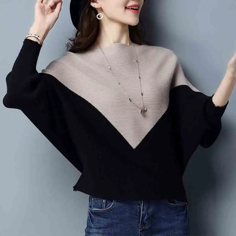 Fashion Women Clothing Contrast Bat Long Sleeve Sweater Spring Autumn New Korean Loose Versatile Casual Knitted Pullovers Tops