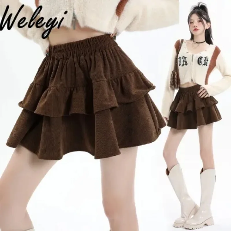 

Sweet Women's Corduroy Short Skirt 2024 Autumn and Winter New Ruffled Elastic High Waist Pleated Puffy Cake Skirts for Women