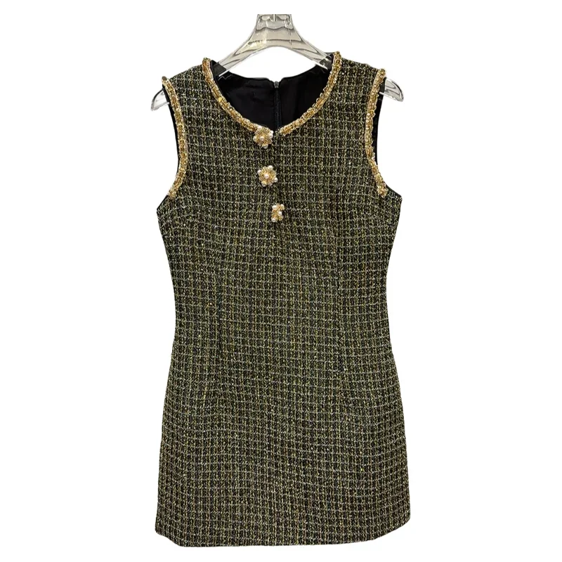 2024 Early Autumn New Classic Style Pearl Buckle Light Luxury High-quality Bright Silk Tweed Vest Dress for Women Vestidos