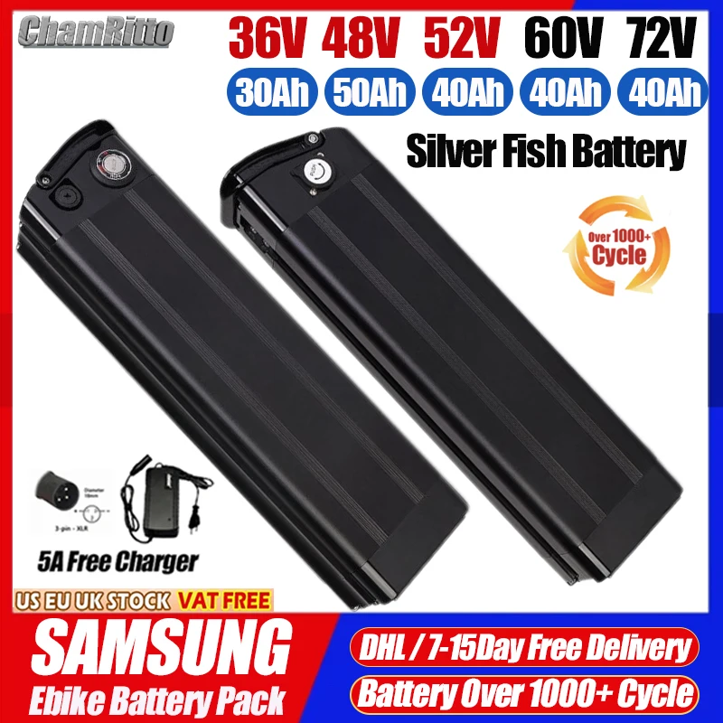 48v Silver Fish EBike Lithium Battery 52/60/72  Volt 40ah Batterie 36v13Ah Duotts S26 Battery 20ah 30ah 50ah 60ah 1500w Batterie view 2