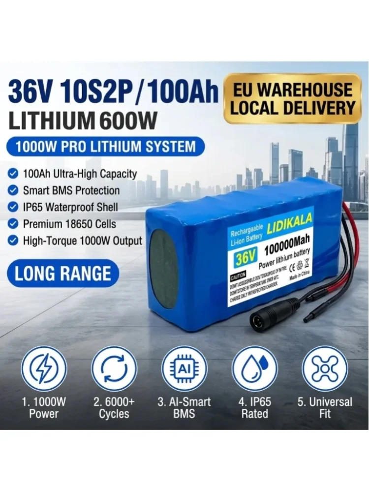 10S2P 36V 100000mAh 600W Lithium-Ionen-Akku, Hochleistungsakku für Elektroroller