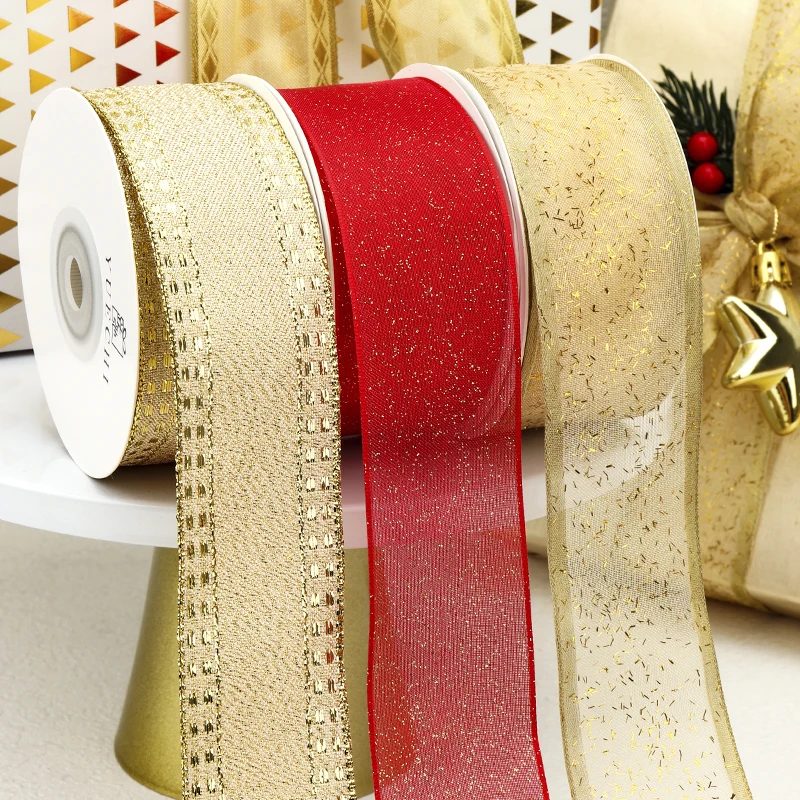 10Yds/lot 4CM wide Christmas tree decoration golden red ribbon bow ribbon gift wrapping ribbon A369