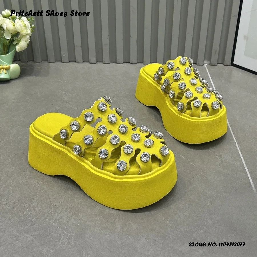 

Crystal Embellished Height Increasing Slippers Women's Round Toe Thick Sole Casual Shoes Spring Summer Hollow Pull On Mules