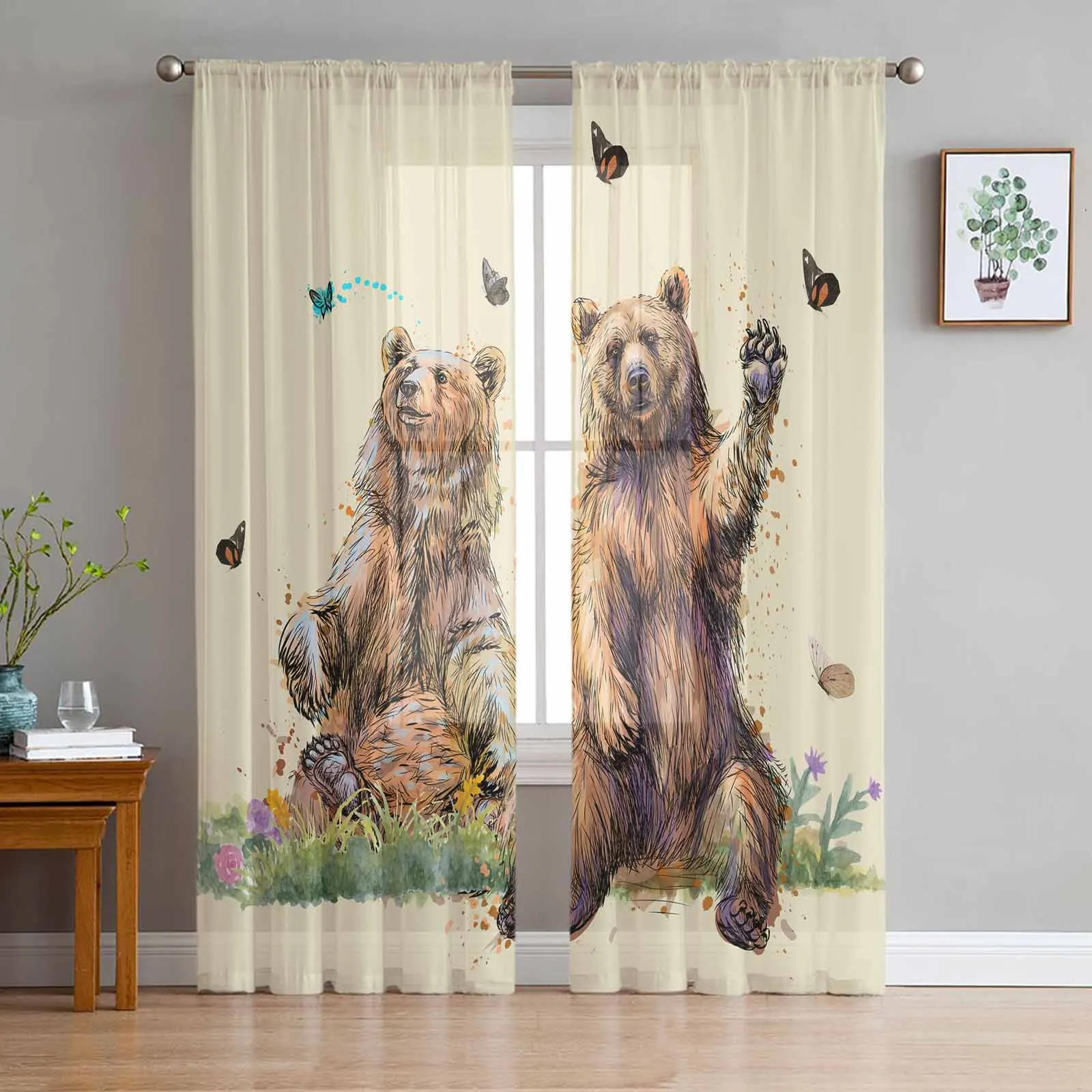 

Bear Painting Butterfly Grassland Nature Window Treatment Tulle Modern Sheer Curtains for Living Room Bedroom Curtains Decor