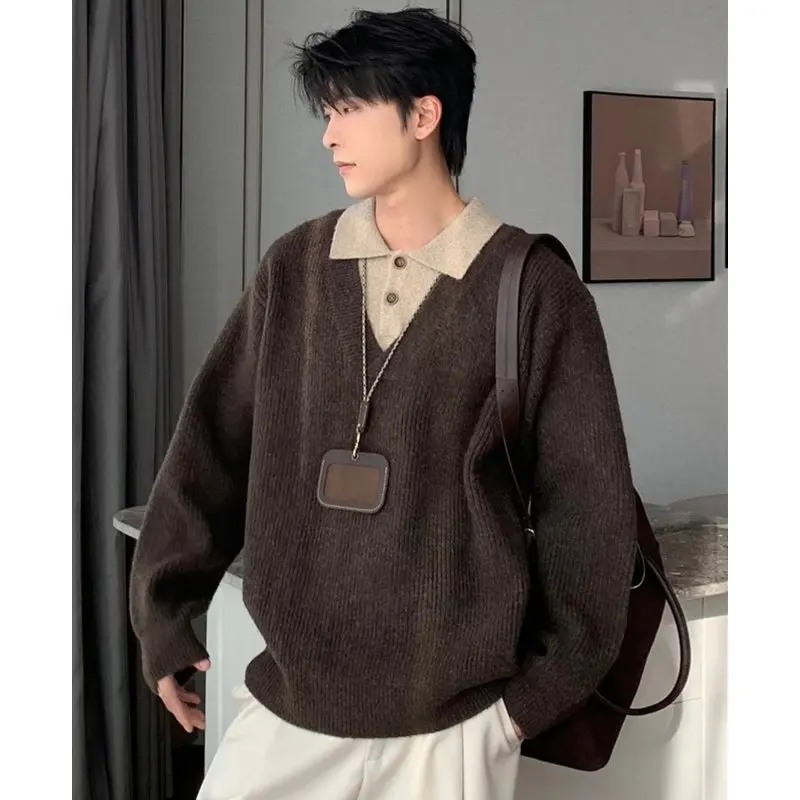 

American Retro V-Neck Knitwear Men's Style Inner Wear Casual Loose Fit Long Sleeve Autumn Winter Leisure Fashion Cotton