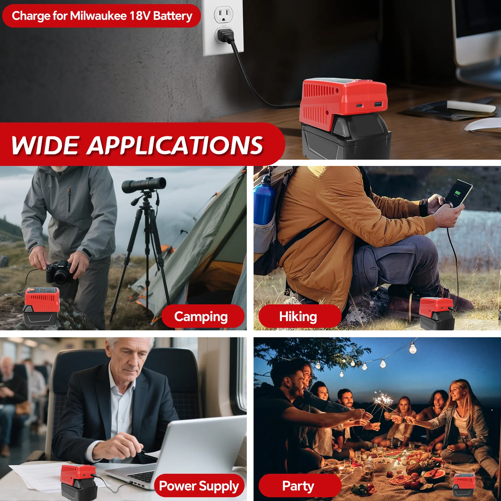 شاحن بطارية لميلووكي بطارية 18 فولت 2 في 1 شاحن هاتف محمول محول الطاقة مع منفذ إخراج USB وType-C (بدون بطارية)