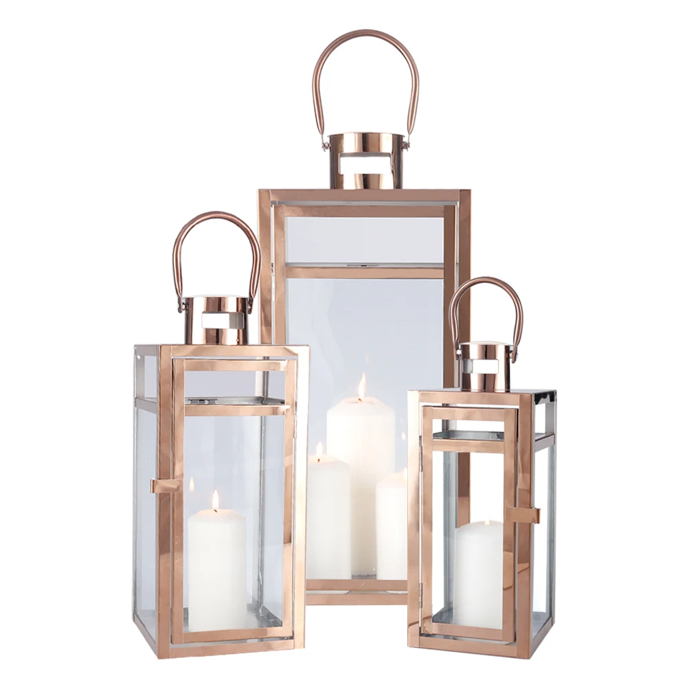 Set of 3 Rose Gold Large Size Iron Glass Candle Lanterns Wedding Centerpieces Lamp Holders Metal Wind Proof Candle Lanterns