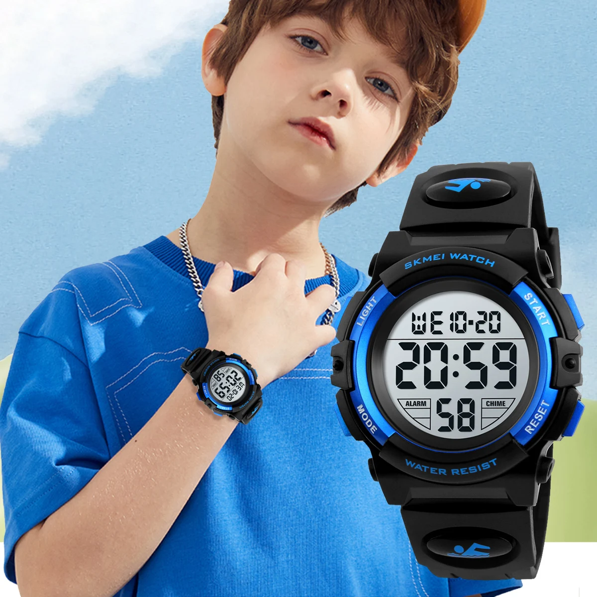 

Детские наручные часы SKMEI 1266, водонепроницаемые до 50 м, с цветной подсветкой, цифровые, электронные, с будильником, датой и днем недели