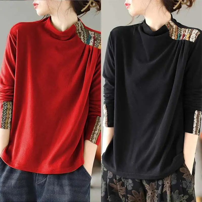 T-shirt Double face en velours à manches longues pour femme, coupe ample, amincissant, vêtements d'intérieur, Design imprimé coréen, automne hiver