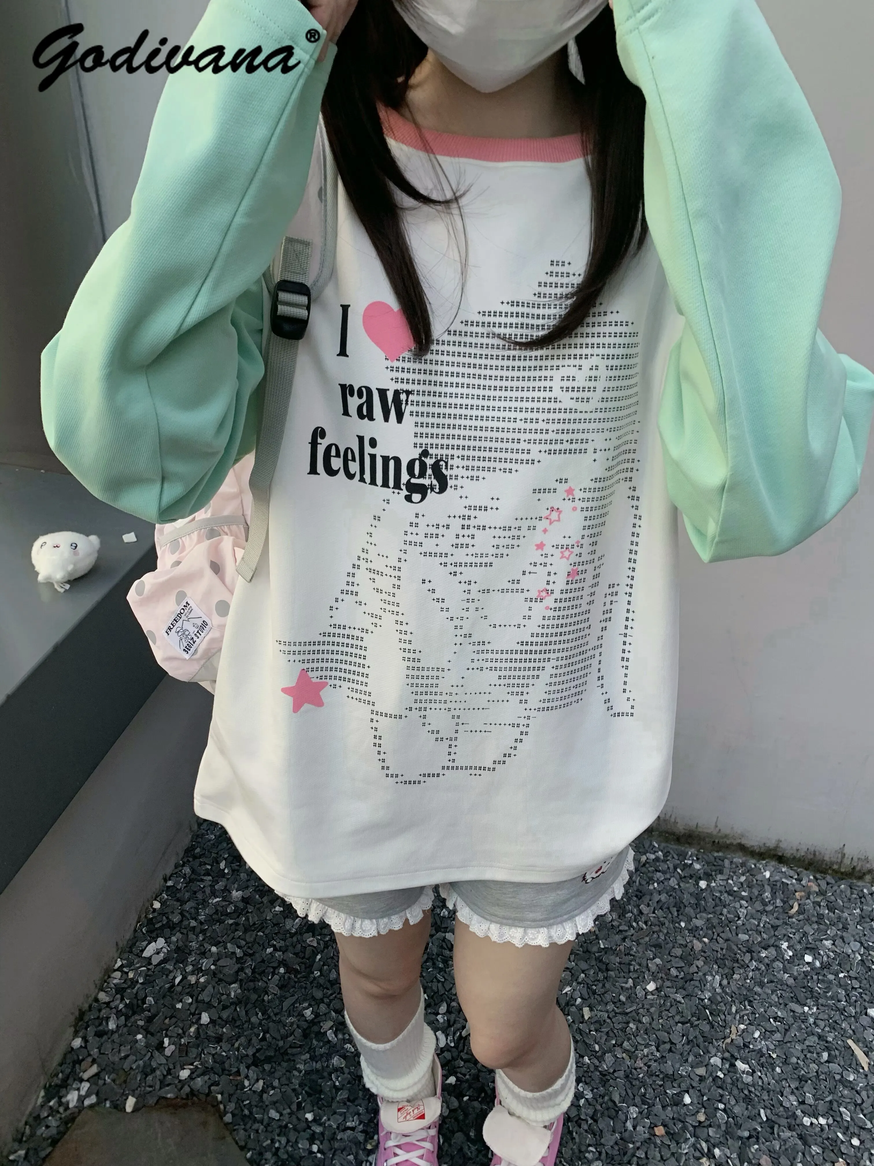 Women Girl Autumn Winter Pixel Angel Print Pink Green T-shirt Raglan Sleeve Cute Y2K Long Sleeve Inner Top Pullover Blouse