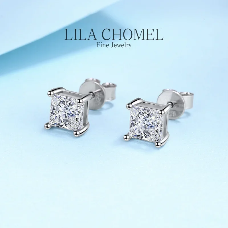 

Classic 18K White Gold Princess Trendy Fine Jewelry Certified 1/2 Carat Moissanite Diamond Square Halo Stud Earrings for Women