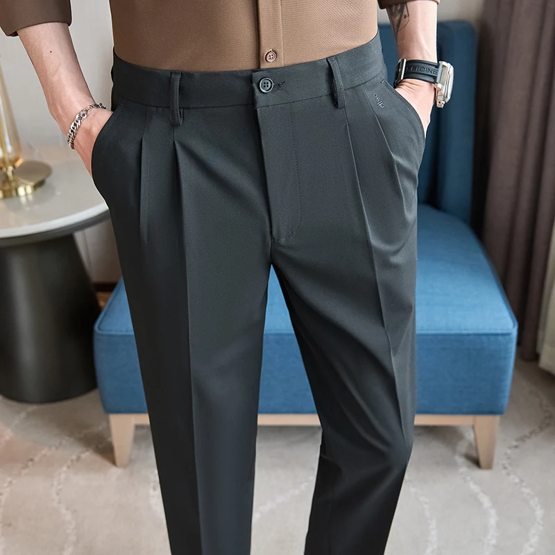 High-quality Embroidered Business Casual Solid Color Autumn Men's Trousers Casual Daily Commuting Straight-leg Cropped Pants.