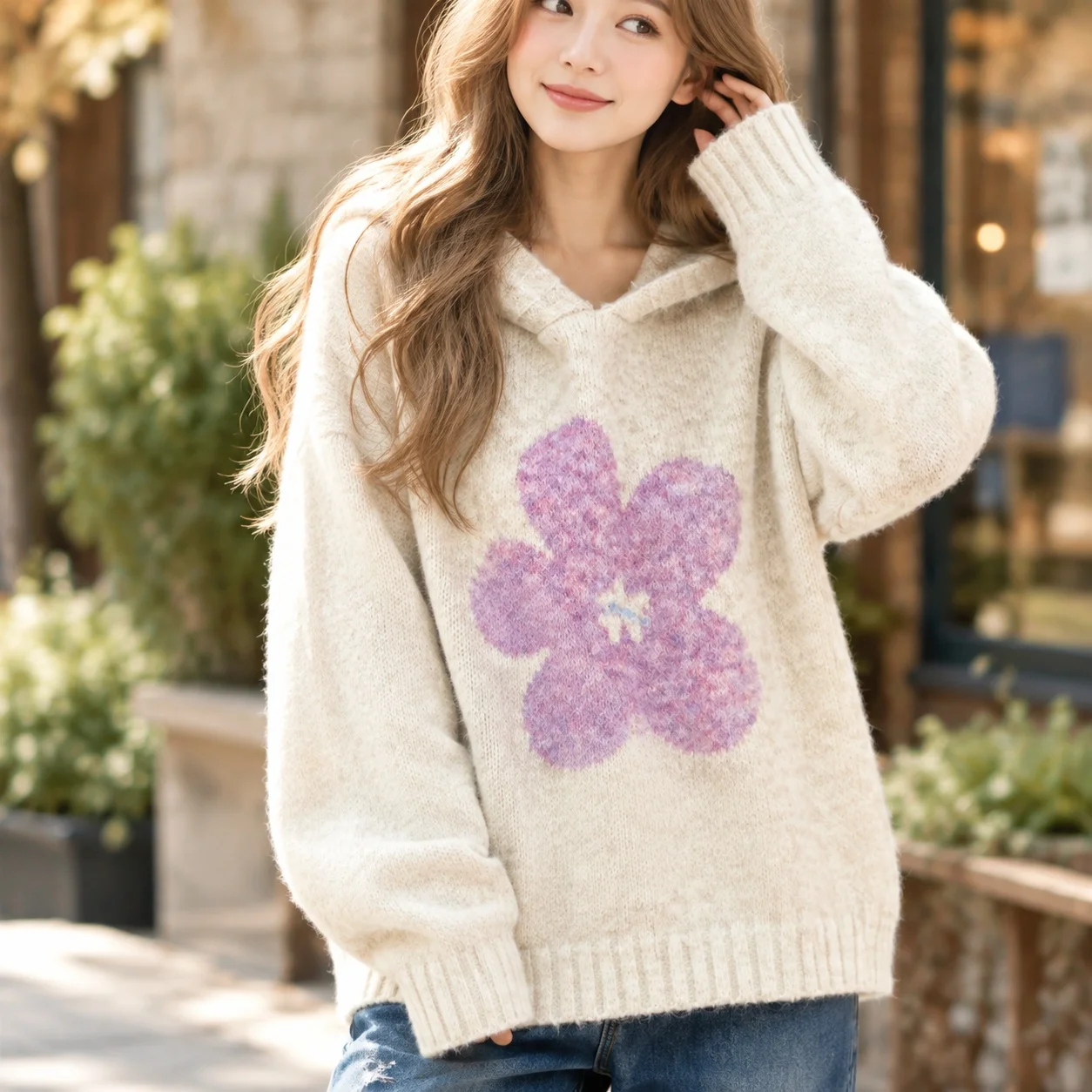 Casual Top Single Regular Japanese Korean Casual with High Temperature Setting Flower Pattern Winter Women Long Sleeve Top