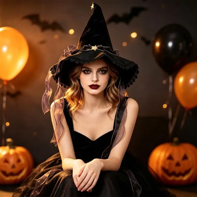 39BD Adult Halloween witch hat with soft finish fabric and flared profile