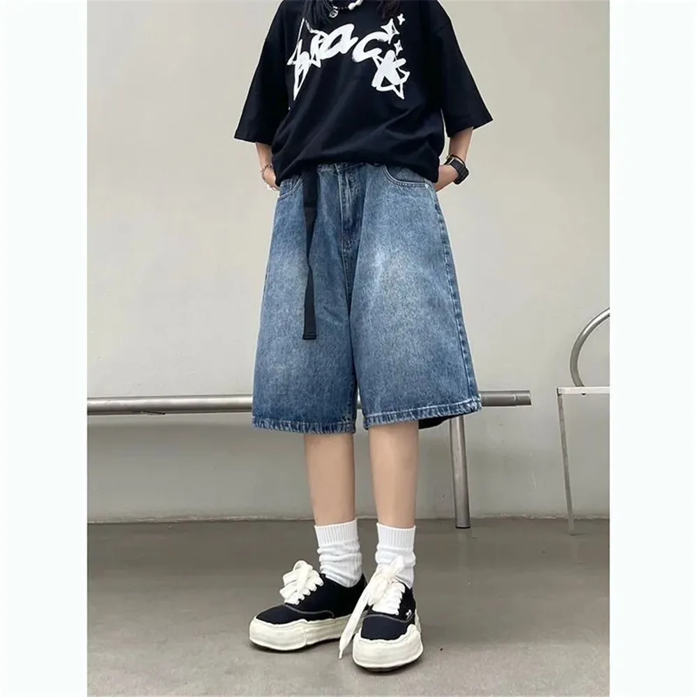 Y2K Baggy with Belt Jean Shorts Vintage Wide Leg Denim Shorts American Streetwear Casual Washed Oversize Emo Summer Denim Shorts