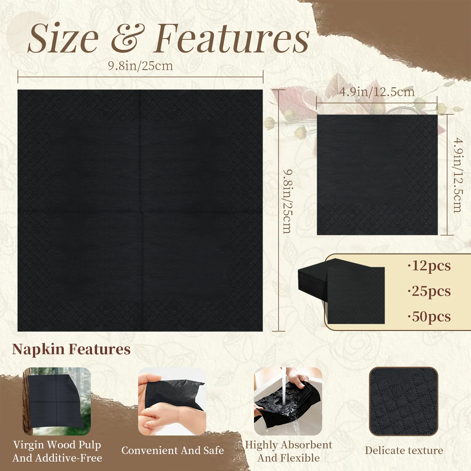 JINYUDOME Black Cocktail Napkins 9.84x9.84 Inch 2-Ply Cut Edge Wavy Edge Printed Paper Placemats for Bar Party