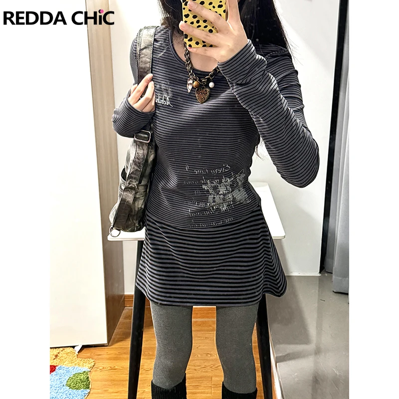 

ReddaChic Y2k полосатая футболка с длинными рукавами, осенняя футболка, повседневная облегающая футболка с круглым вырезом и графическим топом в стиле панк, Harajuku, эстетичная одежда в стиле ретро