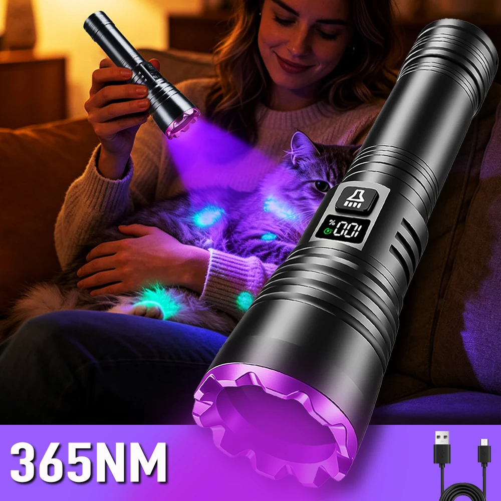 365NM UV Flashlight Black Mirror Torch Type-C USB Rechargeable Portable Black Light LED Ultraviolet Lamp for Stain Detection