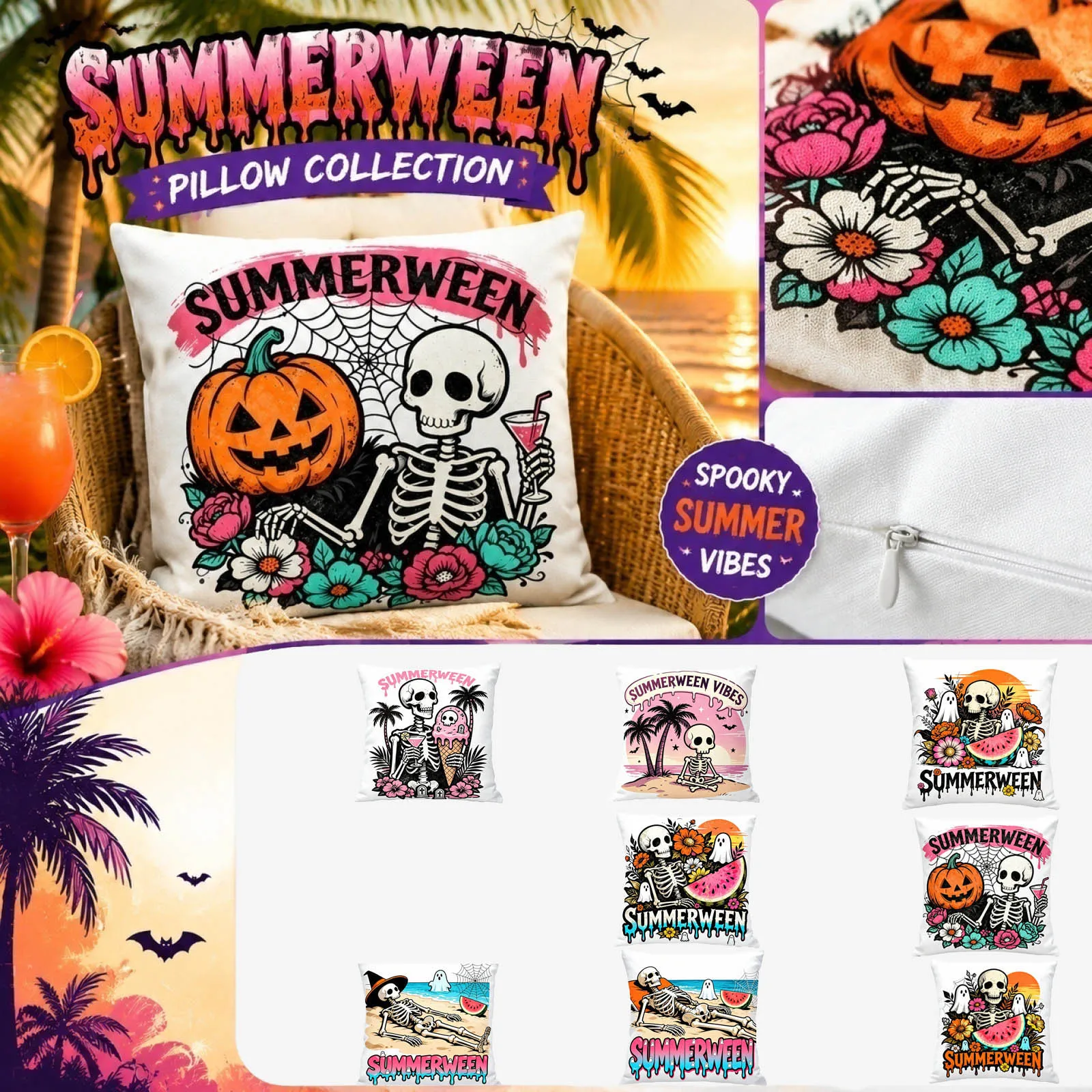 Halloween Beach Themed Pillow Cover Halloween Printed Pillowcase Car Decorative Cushion Case Home Sofa Decoration