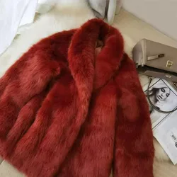 Winter Red Lapel Hairy Shaggy Faux Fur Jacket Vintage Long sleeve Furry Faux Fur Coat Mid Long Outerwear