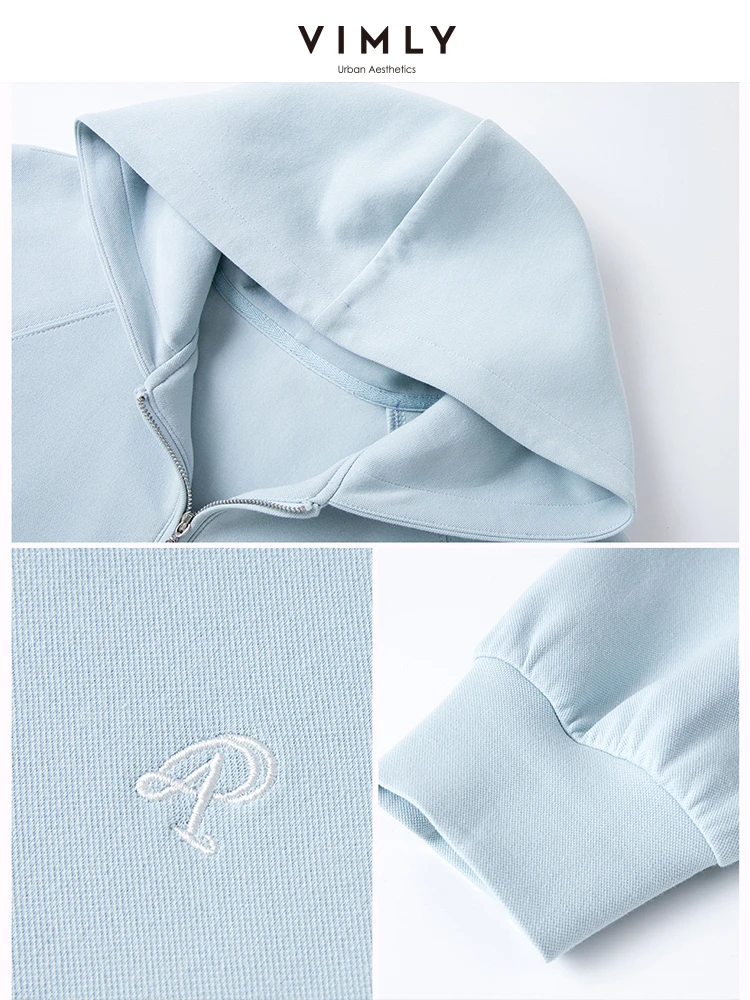 VIMLY Women's Hoodies 2025 Autumn Casual Blue Letter Embroidery Hooded Sweatshirt Loose Long Sleeve Tops Woman Clothes A0732