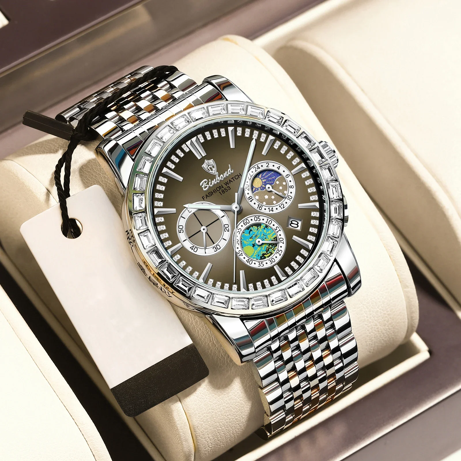 Binbond 8632นาฬิกาผู้ชายแฟชั่นใหม่ใส่สบายๆสายรัดเหล็กทึบไฟกลางคืนแสงจันทร์กันน้ำดาวนาฬิกาควอทซ์2024