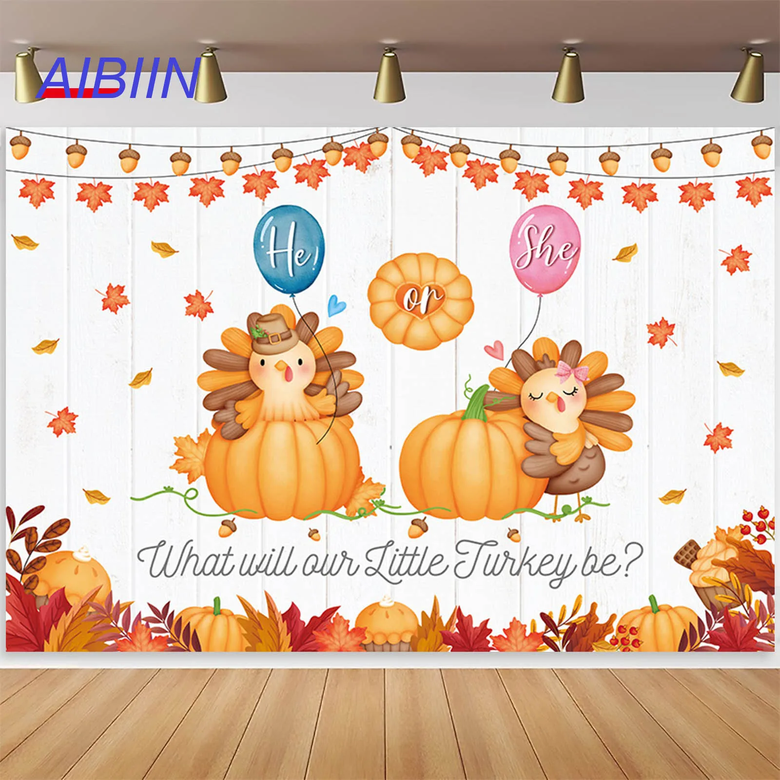 

Thanksgiving Turkey Gender Reveal Backdrop He or She Boy or Girl Baby Shower Party Decor Pumpkin Maple Photography Background