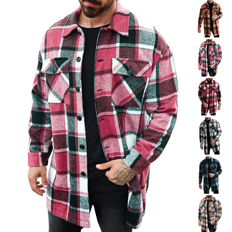 Pink Plaid Flannel Shirt Jacket Men Long Sleeve Button Down with Pockets Casual Outerwear 2026 New Fashion
