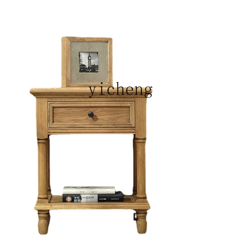 

Zc Vintage Oak Carved Bedside Table Country Bedroom Solid Wood Three-Drawer Bedside Locker