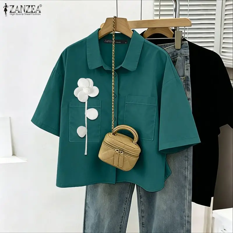 Stylish Summer Shirt 2026 ZANZEA Women Flower Blouse Lapel Neck Short Sleeve Tops Casual Work Shirt Holiday Buttons Up Blusas view 4
