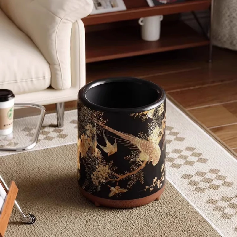 Mid-Century Modern Trash Can, Movable Printed Waste Basket, Large Capacity Home Garbage Bin, High-End Home Decor Accent