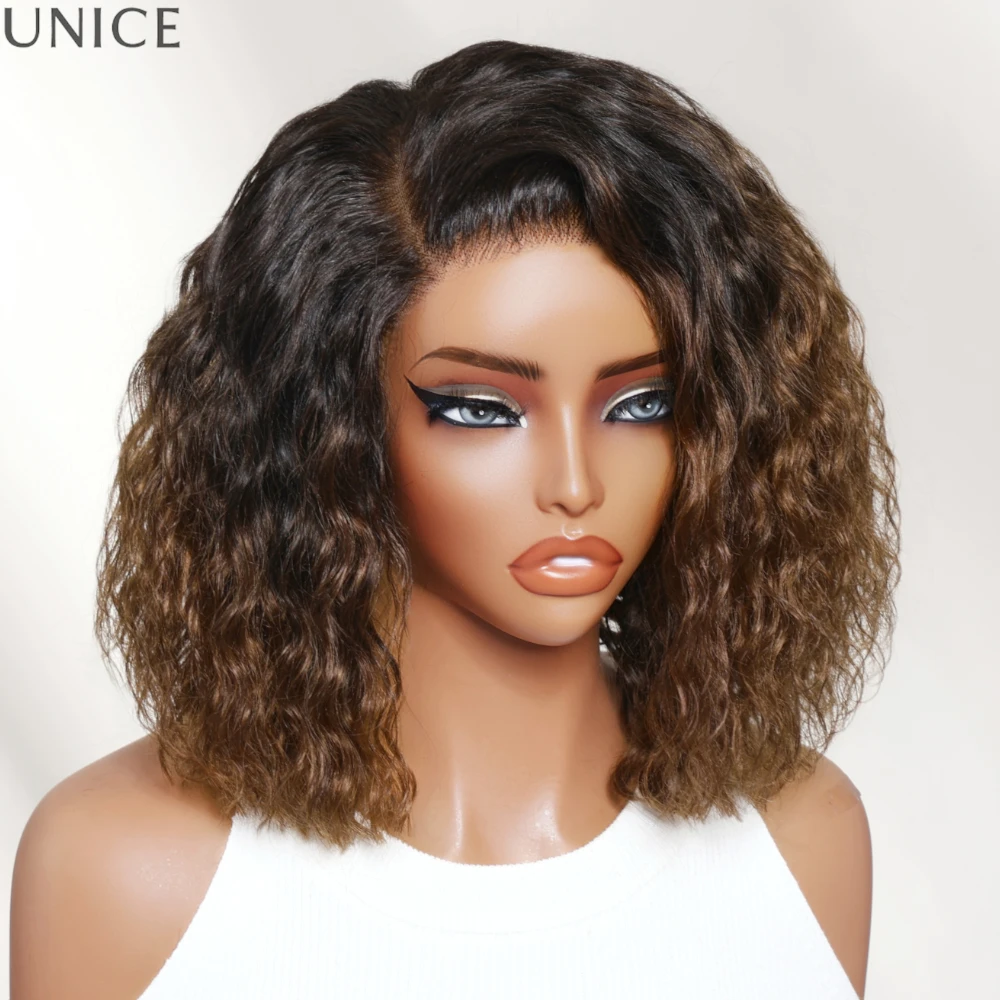 UNice 220% Density Chestnut Brown Ombre Side Part Water Wave Bob Wig Human Hair Bye-Bye Slip™ 6x4 Lace Glueless Drawstring Wig