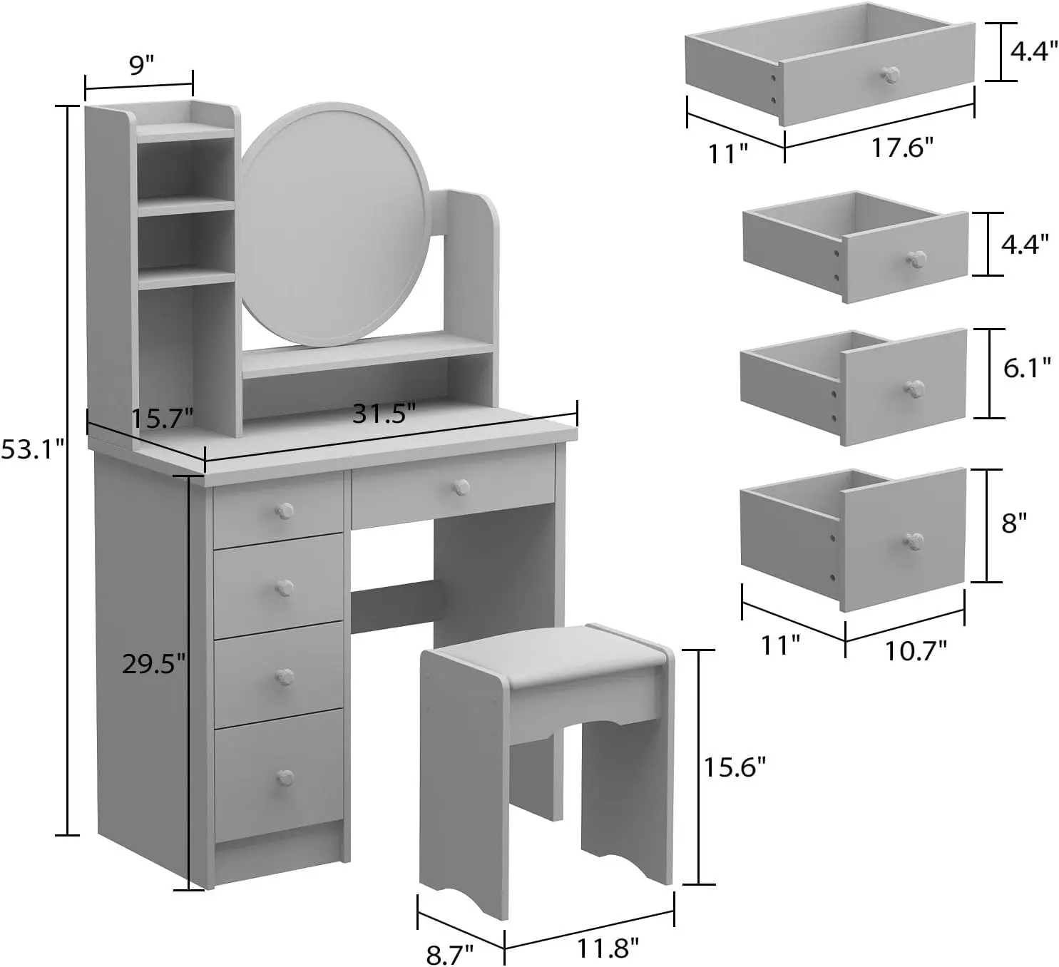 Vanity Mirror Makeup Desk with Mirror and Lights, Vanity with Drawers and Shelves, Crystal Handles, Cushion Stool