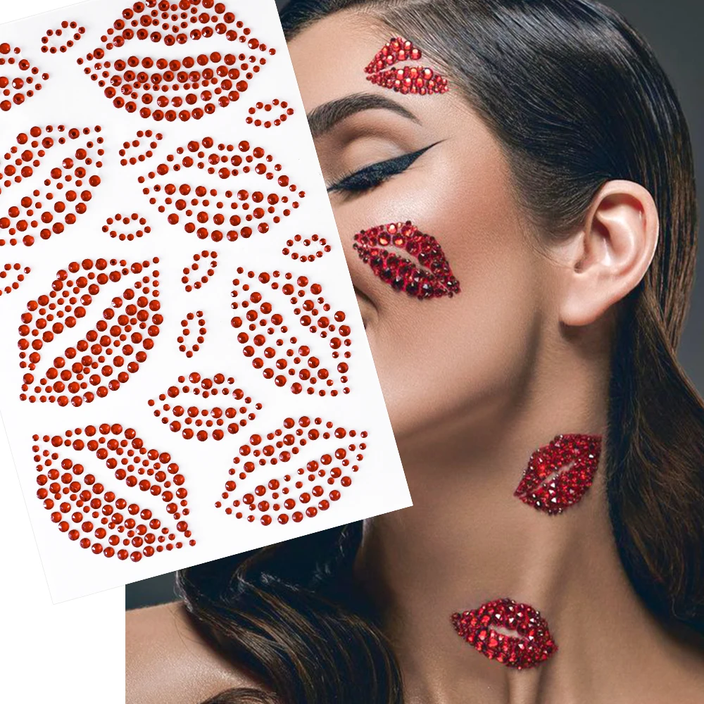 1/2/5Pcs 3D Red Lips Rhinestones Face Tattoo Stickers Sexy Kiss Diamond Adhesive Sticker Wedding Dating Women Temporary Tattoos