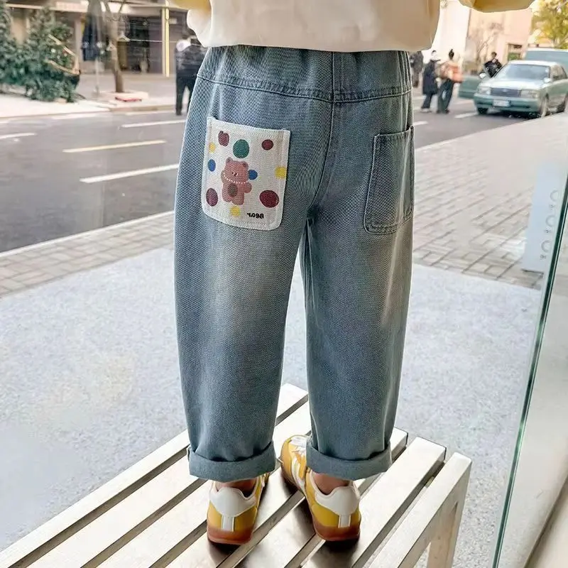 

Girls Cartoon Printed Soft Denim Jeans Baby Spring Autumn New Style Children's Casual Loose Long Trousers