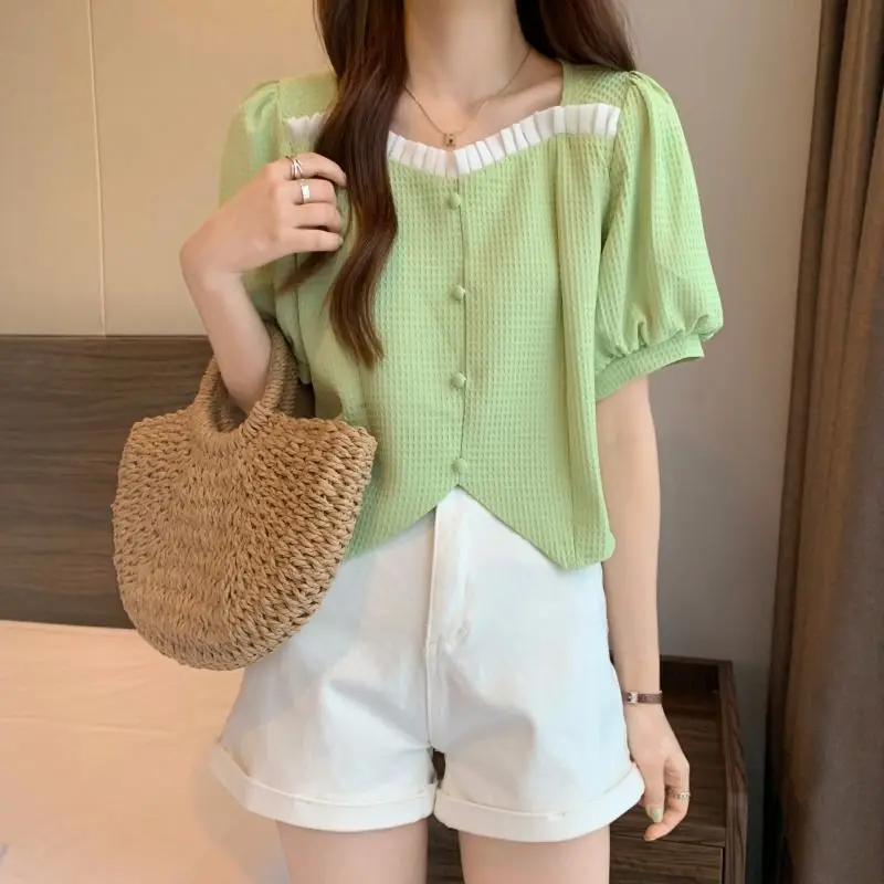 

S-3XL Блузки для женщин в стиле пэчворк, 4 цвета, укороченные топы, облегающие летние универсальные блузки с пышными рукавами во французском стиле, базовые повседневные брюки