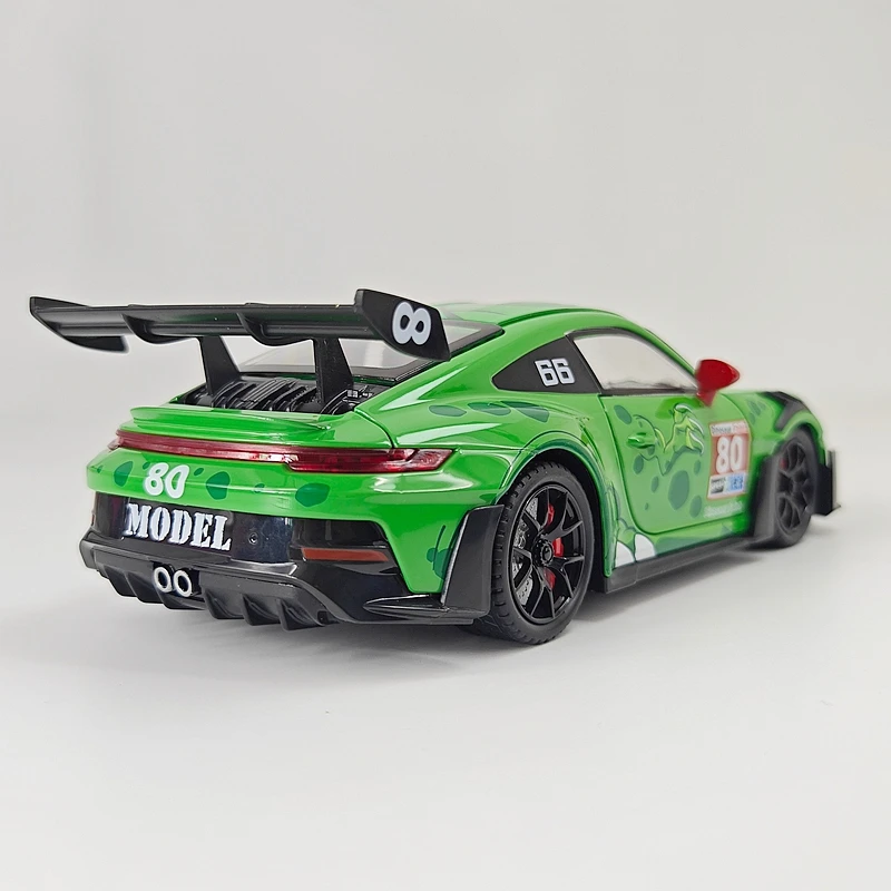 1/24 Simulation Porsche 911 GT3 RS Dinosaur Coating Edition Alloy Car Model doors can be opened has sound and lighting functions