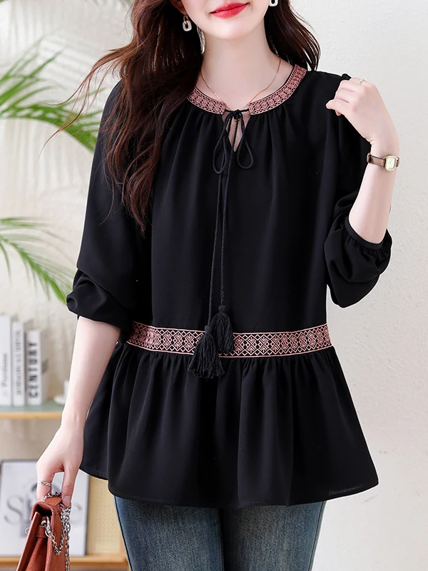 2026 Autumn plus Size Women's Ethnic Embroidery Belted Long Sleeve Shirt Conceals Belly Flattering Loose Fit Tunic Top