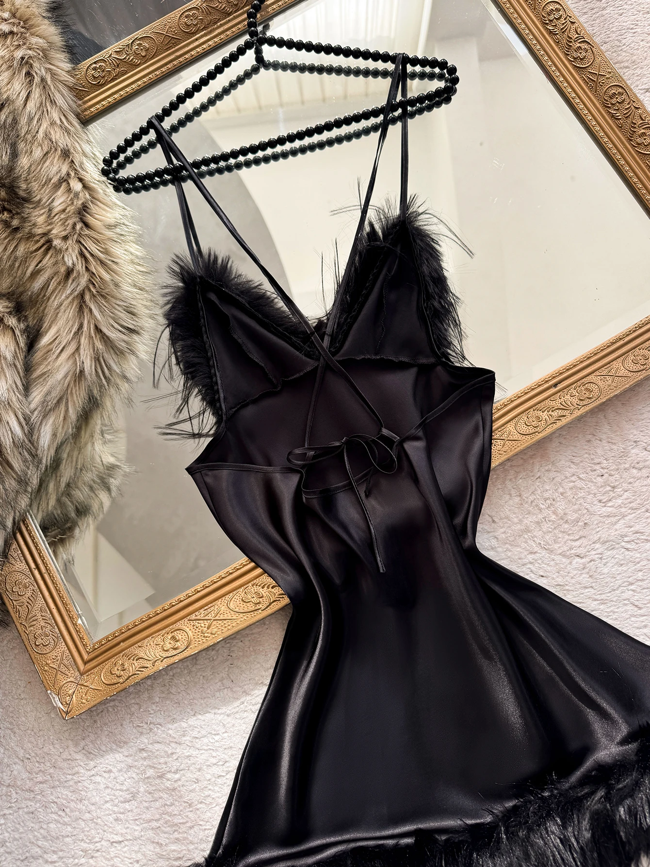Women Feather Trim Slip Nightgown V Neck Spaghetti Strap Fashion Sleep Dress Sexy Ladies Pajamas For Home or Party view 3