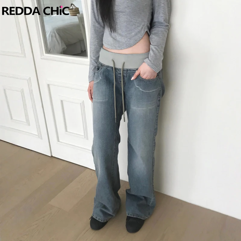ReddaChic Binding Flare Jeans for Women Going Out Korea Drawstring Whiskers Do Old Wide Leg Bootcut Jeans Causal Y2k Streetwear