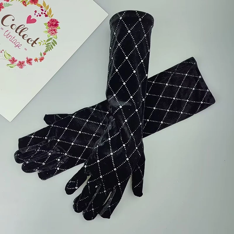 Christmas Makeup Party Dinner Dance Performance Black Sparkling Diamond Plaid Long Gold Velvet Gloves Cosplay Women Winter Warm