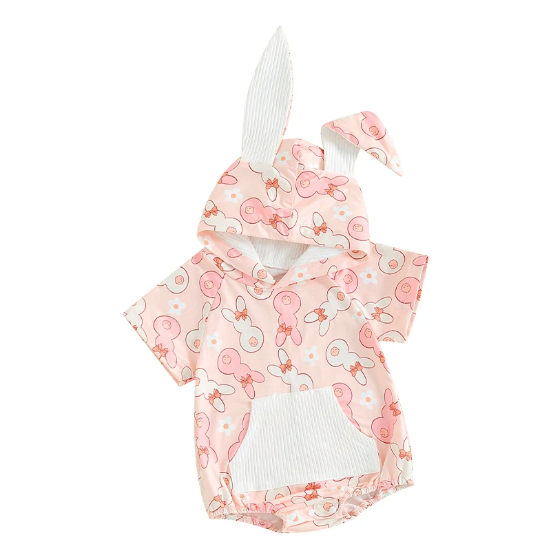 

Infant Baby Boy Girl Easter Rompe Outfit Bunny Jumpsuit Cartoon Bunny Short Sleeve Romper with Pocket Summer Clothes