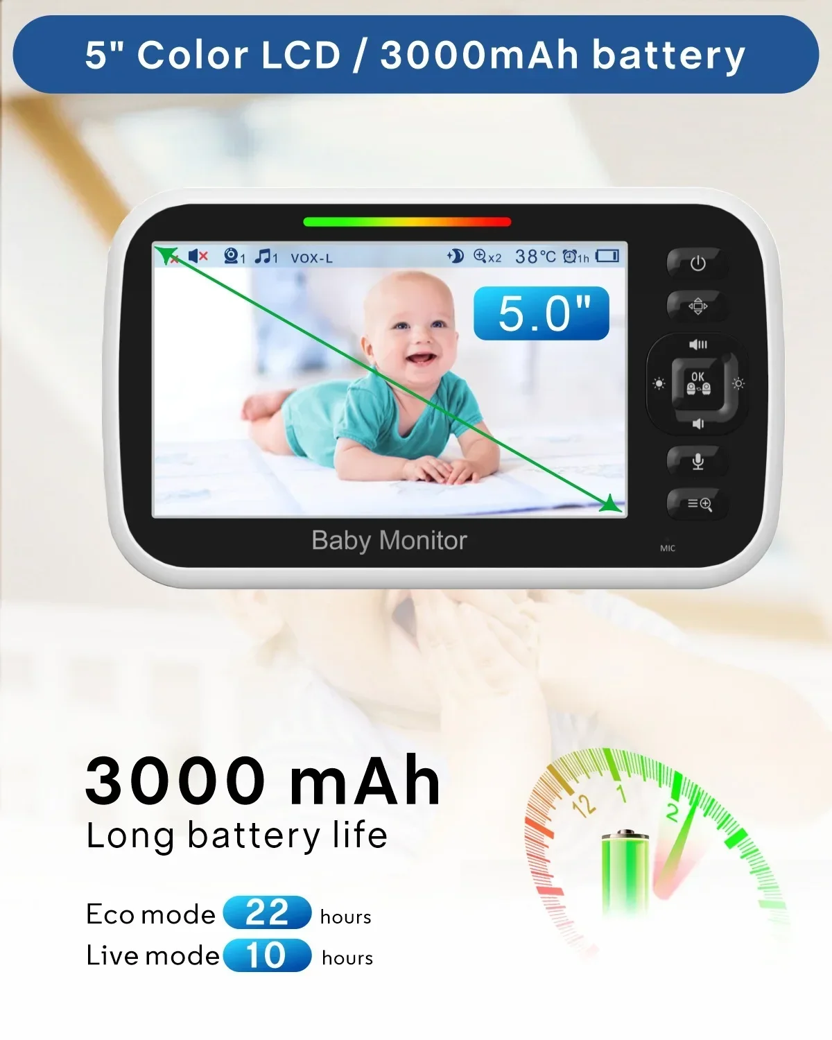 Wireless Baby Monitor 5 Inch HD Pan Tilt Rotating Caregiver Lullaby Night Vision Sound Control Temperature Control IntercomSM651