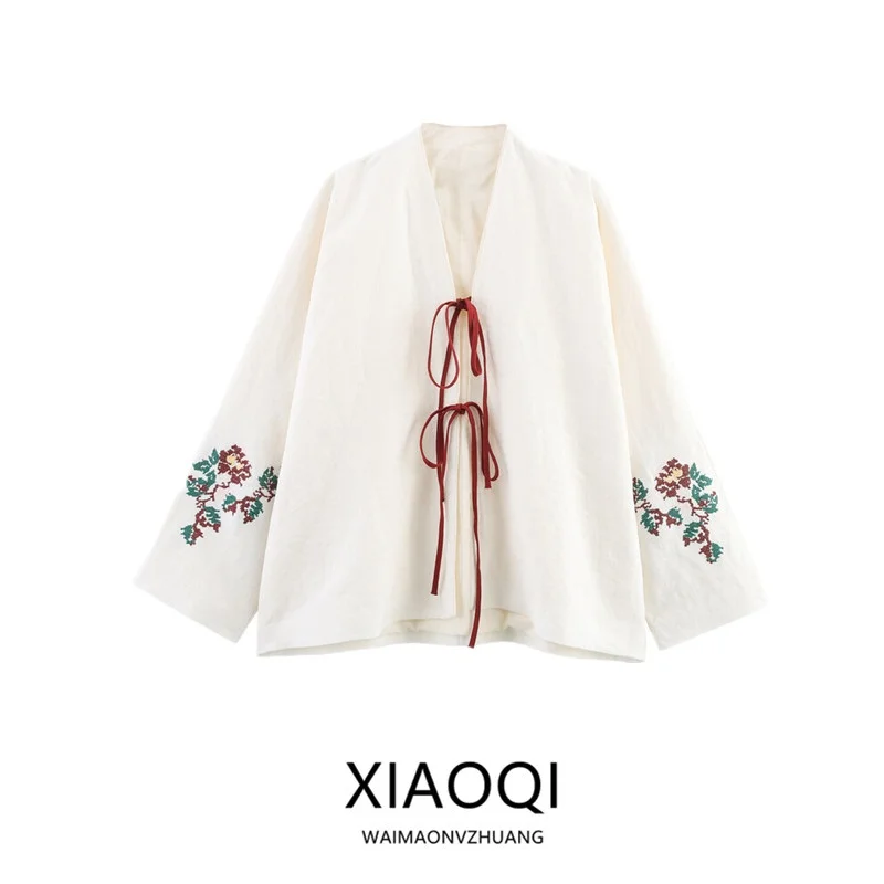 Nouveau Été 2025 femmes Faion lin Long Sve noeud brodé décoré vêtements d'extérieur coupe ample v-ne ceinturé