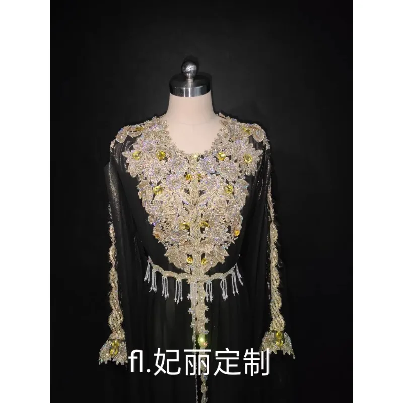 Abito da spettacolo con abito Haligi personalizzato, industria pesante, pieno di diamanti, in chiffon stampato a caldo, costume di danza del ventre esotico