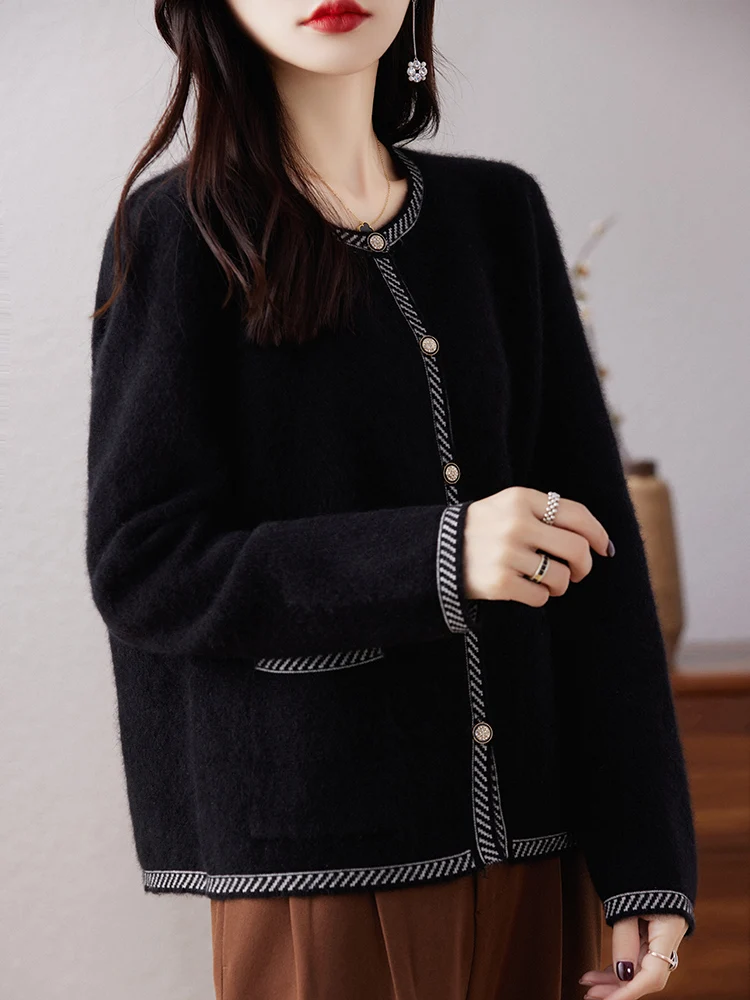 100% Wool Cardigan Sweater Women O-neck Long Sleeve Top Korean Style Oversized Loose Pocket Mujer Knitwear Basic Autumn Clothing